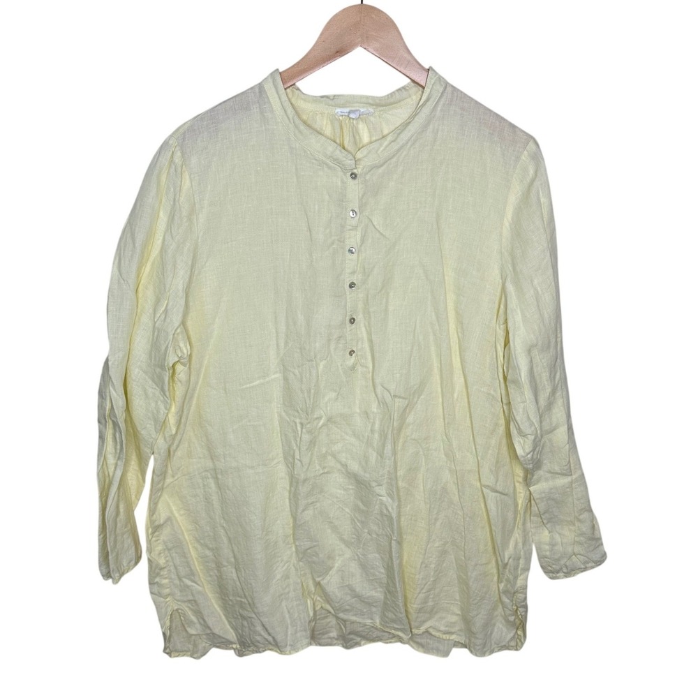 Eileen Fisher Organic Irish Linen Button Down Long Sleeve Top size XL Yellow